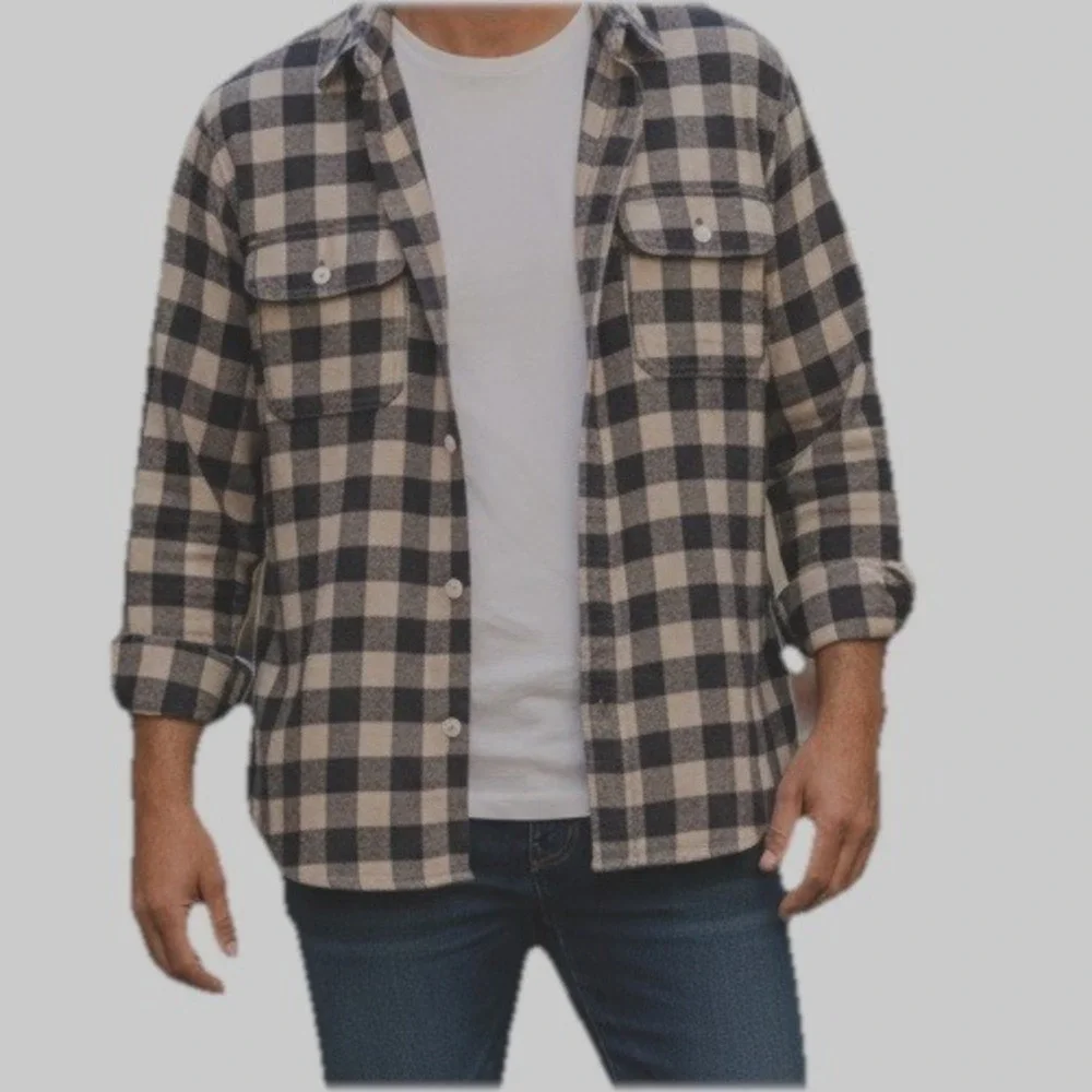 J McLaughlin Flannel Shirt Gray Check 100% Cotton Mens L Gorpcore Bloke Grampa